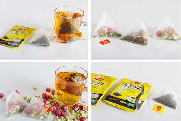 內(nèi)外袋茶葉包裝機(jī)可采用復(fù)合膜、過濾紙、無紡布等薄膜制袋
